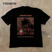 Camiseta con Estampado de Árbol al Atardecer, Estilo Vintage Americano, 100% Algodón, Lavable, Corte Holgado, Estilo Casual Urbano - Negro - Ver 1