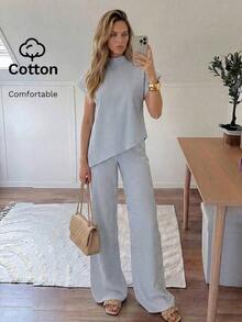 Conjunto de 2 piezas de top a rayas y pantalones con bajo asimétrico para mujer - Negro - Ver 8