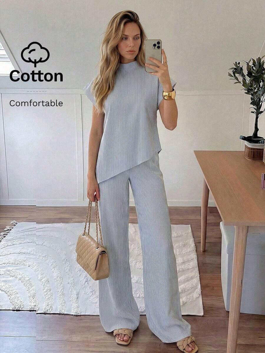 Conjunto de 2 piezas de top a rayas y pantalones con bajo asimétrico para mujer - Blanco - Ver 1