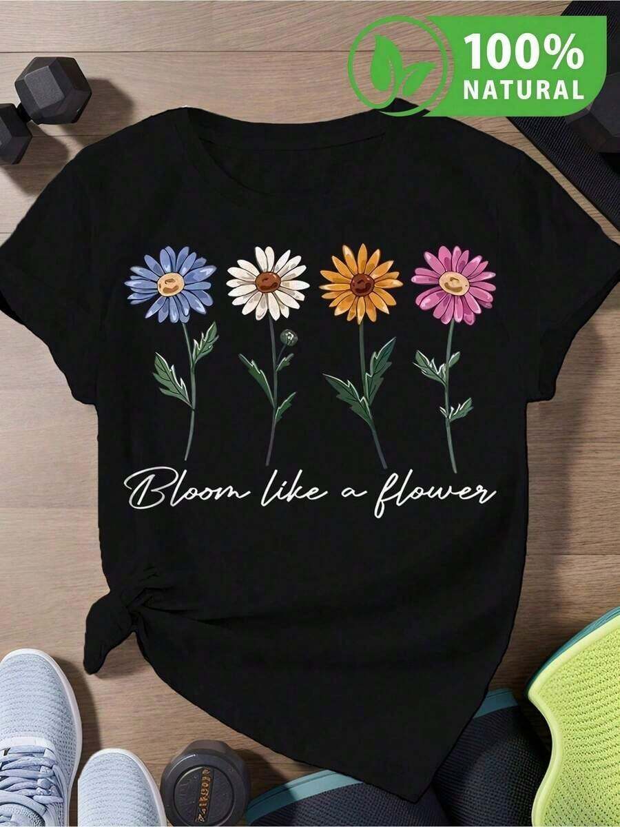Camiseta Negra Unisex con Diseño Floral Vintage de Margaritas y Mensaje Inspirador Bloom Like a Flower Perfecta para Primavera Verano Estilo Casual Confortable Ideal para Regalar Looks Juveniles y Modernos  2023 en México - Negro - Ver 1
