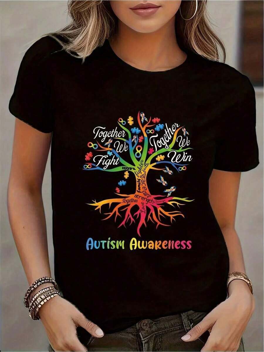 Camiseta única de concientización sobre el autismo con diseño de árbol colorido y vibrante que simboliza la unión y la fuerza y2k ideal para mostrar apoyo y conciencia en cada prenda, perfecta para todas las edades y ocasiones - Negro - Ver 1