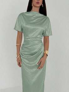 Vestido largo elegante de unicolor con cintura fruncida y plisado, adecuado para fiestas y salidas - Rosa - Ver 6