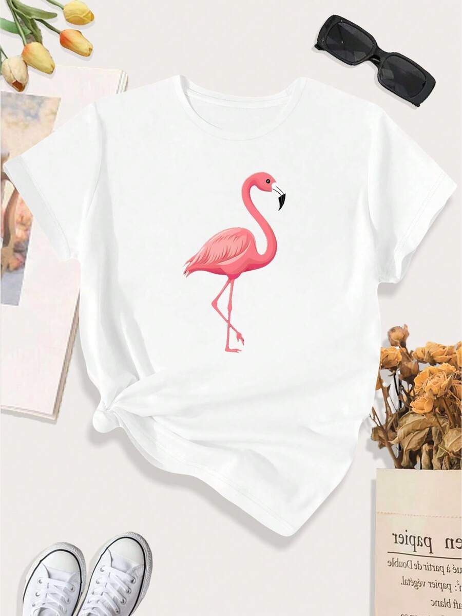 Camiseta de mujer de estilo minimalista con estampado artístico de flamencos rosados, camiseta deportiva casual para mujer de talla grande. - Blanco - Ver 1