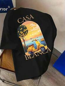 Vintage Men's Shirt, Creative Double-Sided 'CASA Coastal Scenery' Pattern, Comfortable Loose Fit, Year-Round Comfort, Casual IIKE Summer Top, Washable - 黑色 - 查看 2