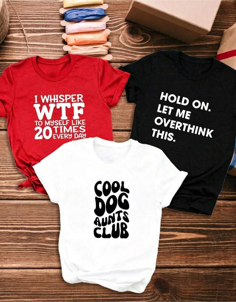 Nuevo modelo 2026: Camiseta casual 3 de manga corta para mujer, de una sola pieza, con estampados como "I quietly said to myself," "Wait a minute, let me overthink this," "Cool Dog Auntie Club". Camiseta de mujer de manga corta con cuello redondo, de algodón puro, transpirable, estilo casual deportivo, ideal como regalo para las vacaciones de primavera. - Blanco - Ver 1