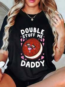 Camisetas gráficas para mujer 100% algodón Double Stuff Me Daddy T-Shirttops - Negro - Ver 5