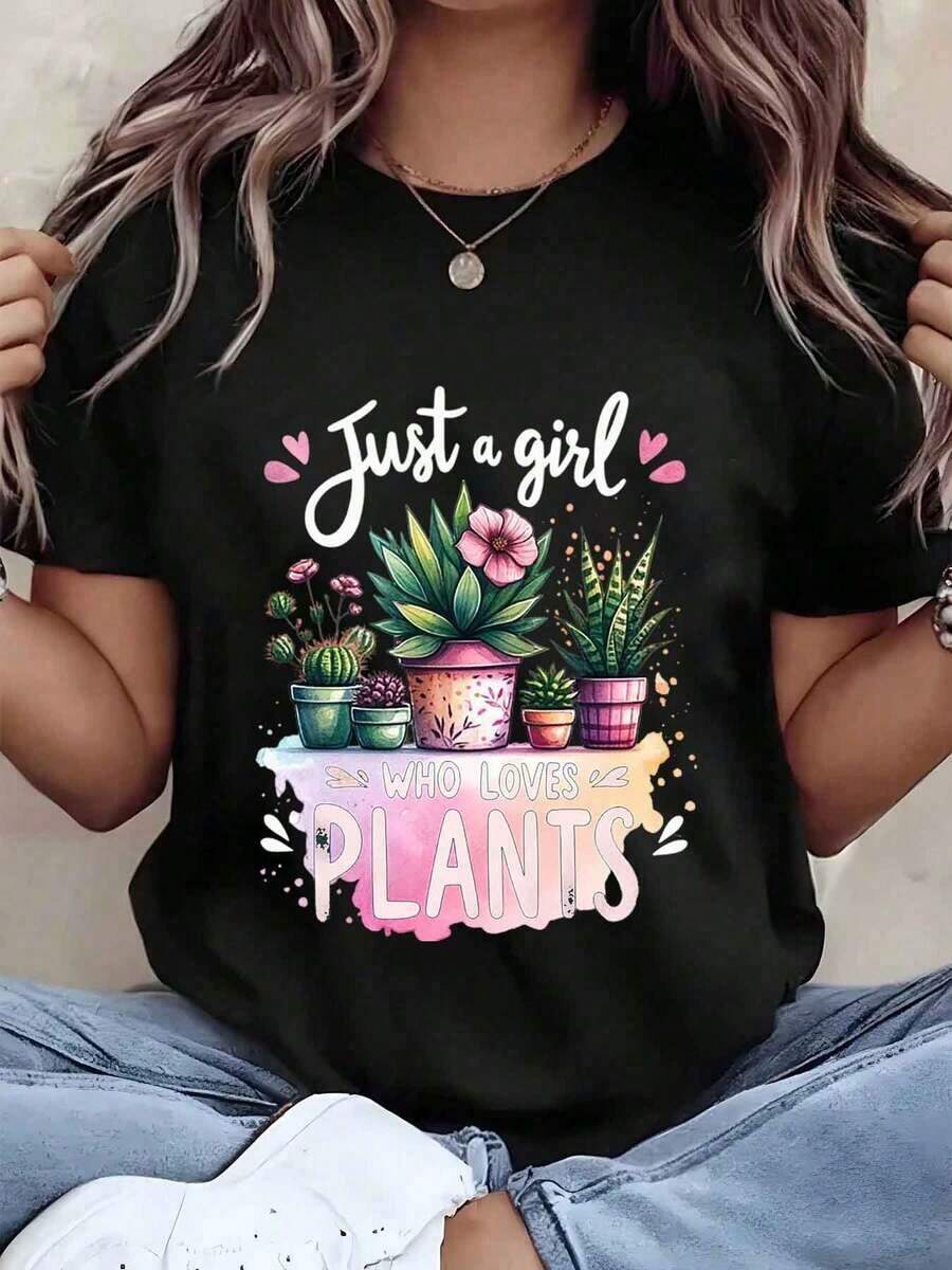 Camiseta de Mujer con Estampado "Solo Una Chica Que Ama las Plantas", Cuello Redondo, Estilo Casual, Regalo para Amantes del Jardín, 100% Algodón - Negro - Ver 1