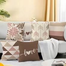 MEMNUN 6pcs Modern Minimalist Pink Beige Geometric Floral "Love & Home" Printed Throw Pillow Covers [No Pillow Insert], 17.7*17.7in(45*45cm)/19.69*19.69in(50*50cm), [Single-Sided Printing], Made Of Polyester Fabric, Personalized Ins Style Cushion Covers For Sofa, Bed, Living Room, Bedroom, Car, Office, Hotel Decor, Suitable For All Seasons, Perfect Gift For Family And Friends - Multicolor - View 6