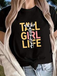 Camiseta de Girafa con Texto TALL LIFE, Manga Corta, Cuello Redondo, Top Casual para Verano y Primavera, Ropa de Mujer - Blanco - Ver 1