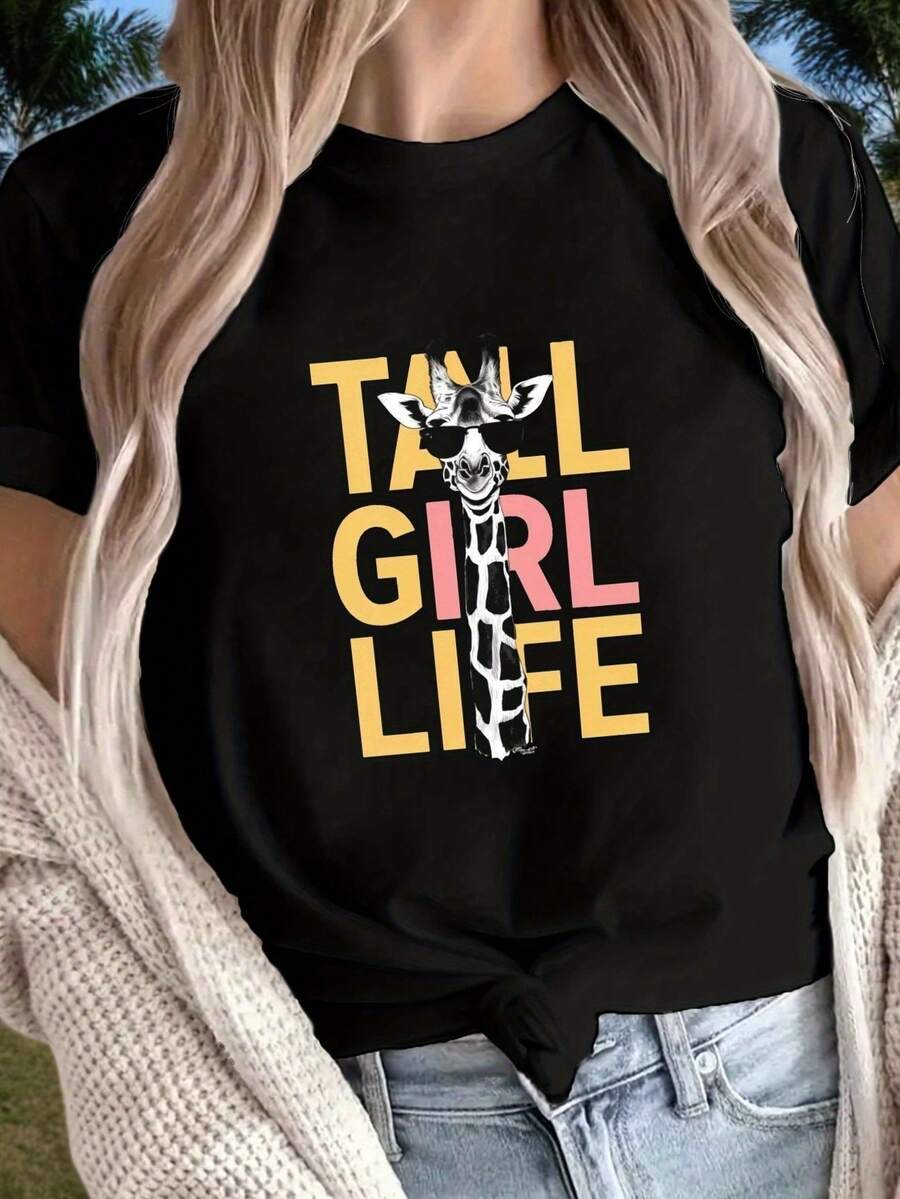 Camiseta de Girafa con Texto TALL LIFE, Manga Corta, Cuello Redondo, Top Casual para Verano y Primavera, Ropa de Mujer - Blanco - Ver 1