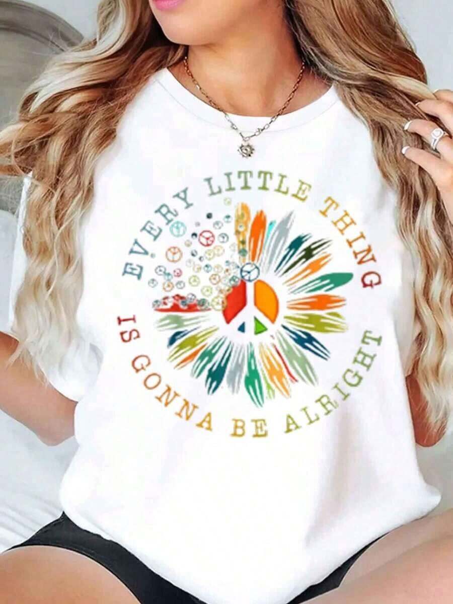Camiseta de Cuello Redondo para Mujer Under The Radar con Estampado de Símbolo de la Paz y la Frase 'Every Little Thing Is Gonna Be Alright', Top Casual de Verano 220g - Estilo Urbano Vintage, Camiseta Unisex de Algodón Holgada de Manga Corta y Cuello Redondo - Blanco - Ver 1