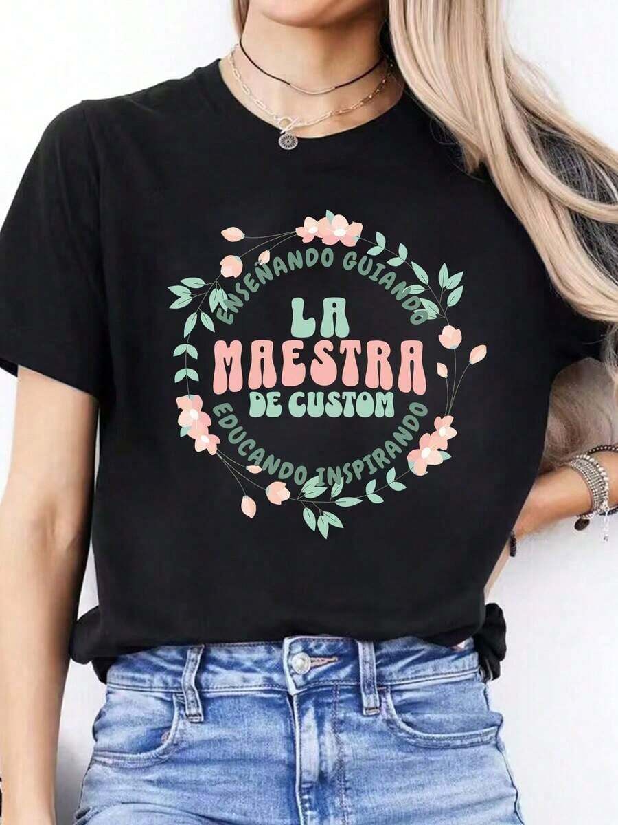 ComfortableCamiseta de Mujer con Alfabeto Español - Aprendizaje del Idioma Español, Blusa Casual de Manga Corta y Cuello Redondo para Clases de Español y Atuendo casualFashion All-match Women's Short Sleeve T-shirt, Basic Style for Inner & Outer Wear