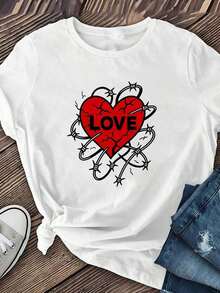 playeras de mujer algodon Camiseta clásica de manga corta para mujer con estampado "Chain Heart LOVE", hecha de fibra de poliéster suave y transpirable, con elasticidad media, lavable a máquina. Camiseta casual de manga corta y cuello redondo para mujer, una prenda imprescindible para primavera y verano. Top de manga corta, ropa de mujer más vendida. >ropa - Blanco - Ver 2