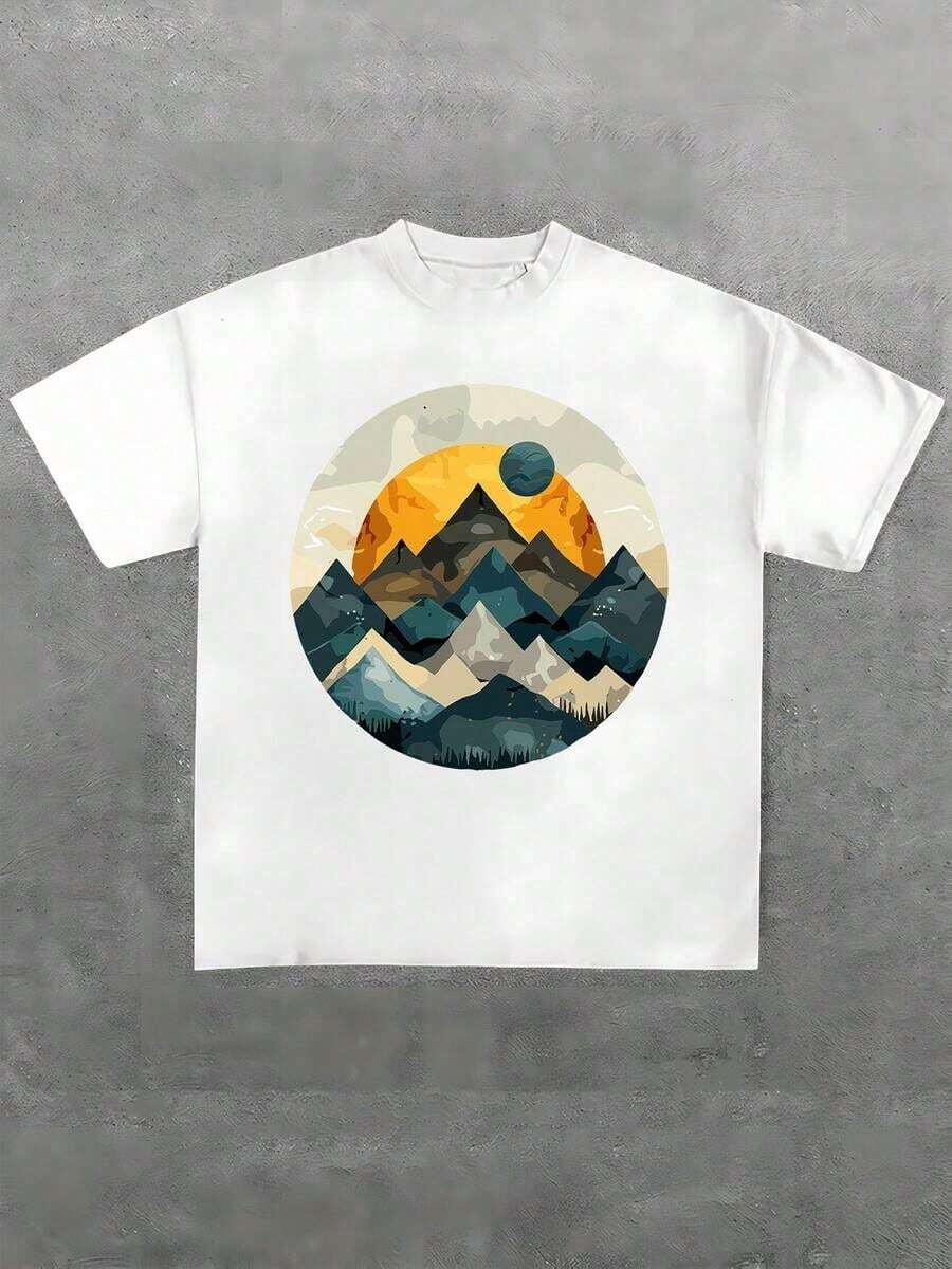 Plus Size T-Shirt With Mountain And Sun Print, A Tranquil Nature Scene Showing Layers Of Silhouetted Mountains In Front Of A Bright Sun, 100% Cotton T-Shirt For Calm And Style. - White - View 1