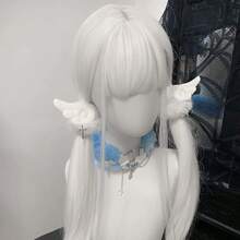 2026 新作 シュシュ レディース ファー素材 3D ウィングデザイン クロスジュエル装飾 ペアセット ブルー ホワイト 柔らかい 軽量 抜けにくい ガーリー ロリータ パンク 個性的 ヘアアレンジ ツインテール用 コスプレ イベント デート コーデ - 白と黒 - チェックする 4