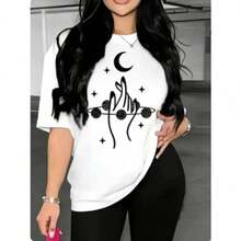 Blusa casual de moda para mujer con cuello redondo, manga corta y estampado de mano con luna y planetas - Blanco - Ver 1