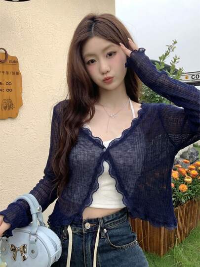 女士蓝色蕾丝边V领罩衫，可爱返校夏季轻薄披肩外套