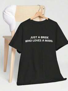 Solo Una Novia Que Ama Las Fiestas Marg, Camiseta Nupcial, Camiseta de Boda, Camiseta de Futura Novia, Estampado de Compromiso, Mercancía Nupcial, Estampado de Esposa en Luna de Miel, Camiseta de Algodón Grueso de Manga Corta, Estilo Clásico, Camiseta Gráfica Estampada, Camiseta Casual de Manga Corta para Mujer - Negro - Ver 7