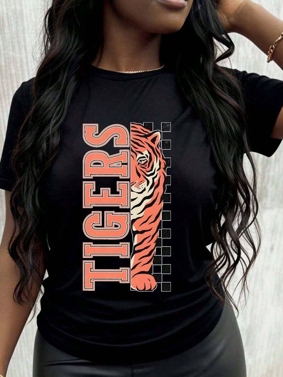 Women's Tiger Head Graphic T-Shirt, Fashion Casual Top, Team Sportswear, Loose Fit T-Shirt For Women - 黑色 - 查看 1