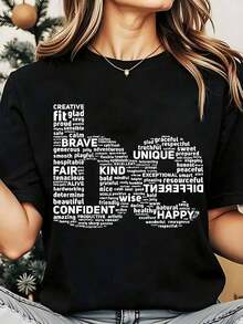 Camiseta de Cuello Redondo para Mujer con Frases Inspiradoras y Positivas Impresas, Ropa Casual para Uso Diario en el Trabajo, la Escuela o el Hogar, Perfecta para el Día Internacional de la Mujer. - Negro - Ver 7