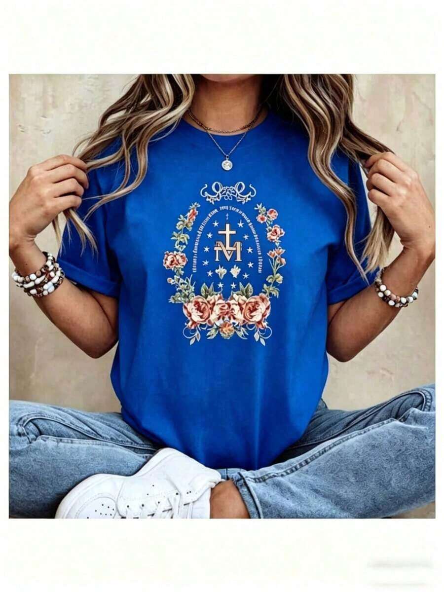 ropa de mujer 1 Pieza Moda Informal Para Hombres Y MujeresMarian Católico Camisa Católico Regalo, Religioso Católico Marian Camisa Cristiano Fe Ropa Floral Religioso Camisas Para Mujeres Cruz Tee Lindo Verano Tops Para Mujeres, Redondo Cuello Impreso Camiseta Gráfico Camisetas Mujeres Las blusas son versátiles, fáciles de combinar, adecuadas para el uso diario, el estilo urbano, los conjuntos de vacaciones y la ropa de fin de semana. camisas de mujer - Azul - Ver 1