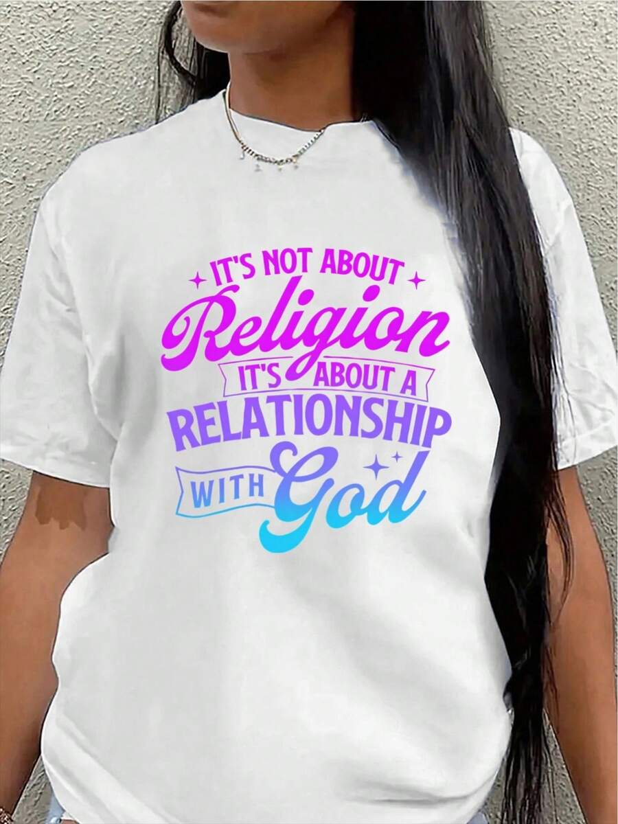 This Short-Sleeved Polyester T-Shirt Features A Print That Reads, "This Has Nothing To Do With Religion, But With A Relationship With God." Lightweight And Durable, It's Suitable For Casual Wear At Home, Church, Or For Everyday Activities. The Comfortable Fit And Vibrant Colors Make It The Perfect Choice For Those Who Embrace A Faith-Based Lifestyle. - 白色 - 查看 1