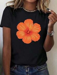 playeras de mujer algodon blusas para mujerCamiseta casual negra para mujer con estampado de flores de hibisco naranja vibrante - Ajuste cómodo, manga corta, cuello redondo, tejido primaveraveranootoño, camisas para damasSuitable for spring, summer and autumn >ropa - Negro - Ver 6