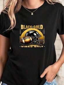 Camiseta casual para mujer, top deportivo de manga corta para uso diario, estampada con un diseño de casco de fútbol en negro y dorado, adecuada para usar en vacaciones. - Negro - Ver 1