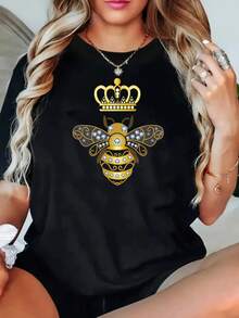 Camiseta de manga corta con estampado de reina abeja para mujer de talla grande, cuello redondo casual de tejido de poliéster con ligero estiramiento, patrón geométrico para la primavera/verano - Negro - Ver 2
