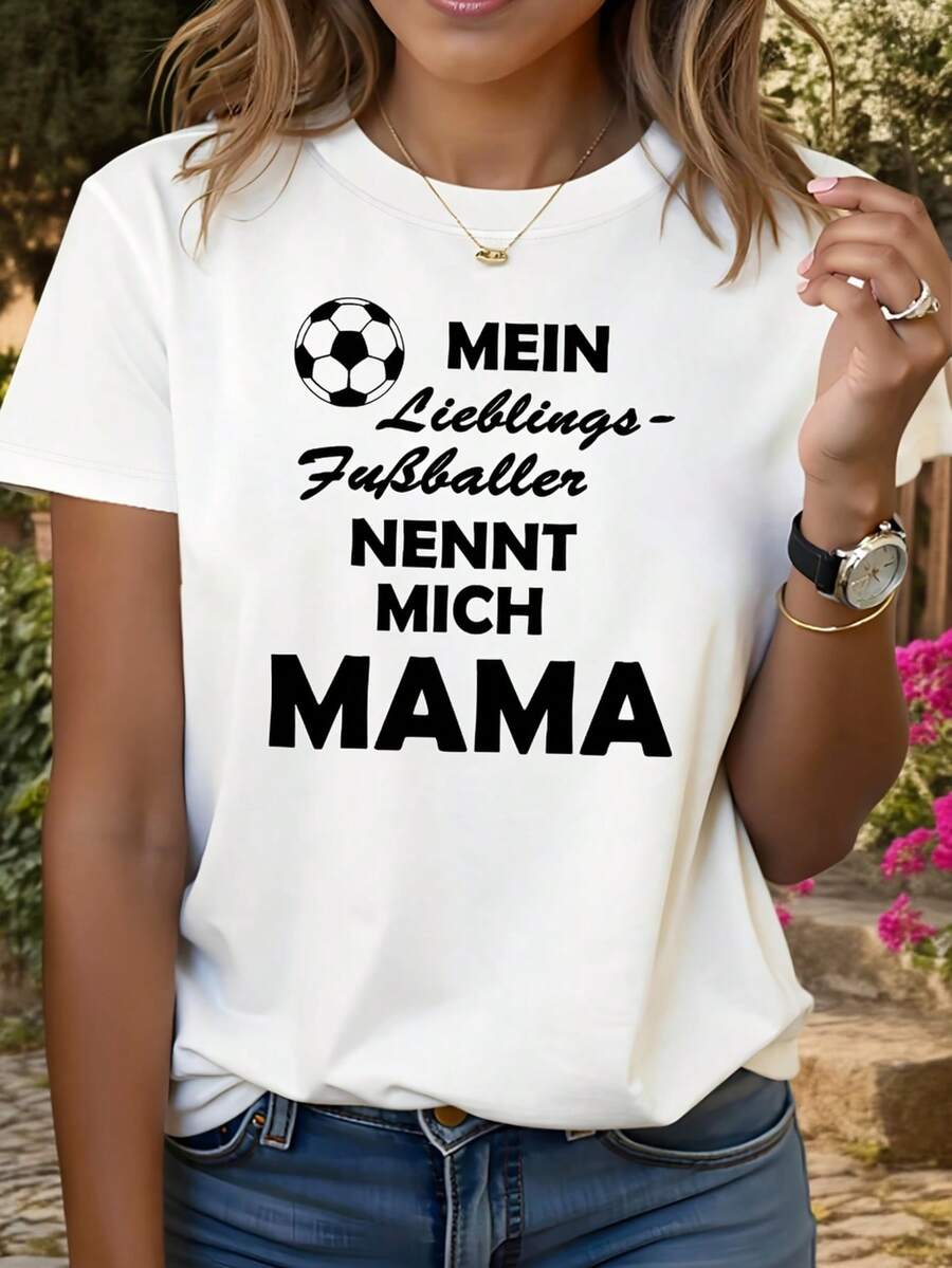 Camiseta Casual de Manga Corta con Cuello Redondo para Mujer, Estampado Gráfico de Mamá Futbolista Alemana, Primavera-Verano, Estilo Diario, Salida Diaria, Regalo para Vacaciones - Negro - Ver 1