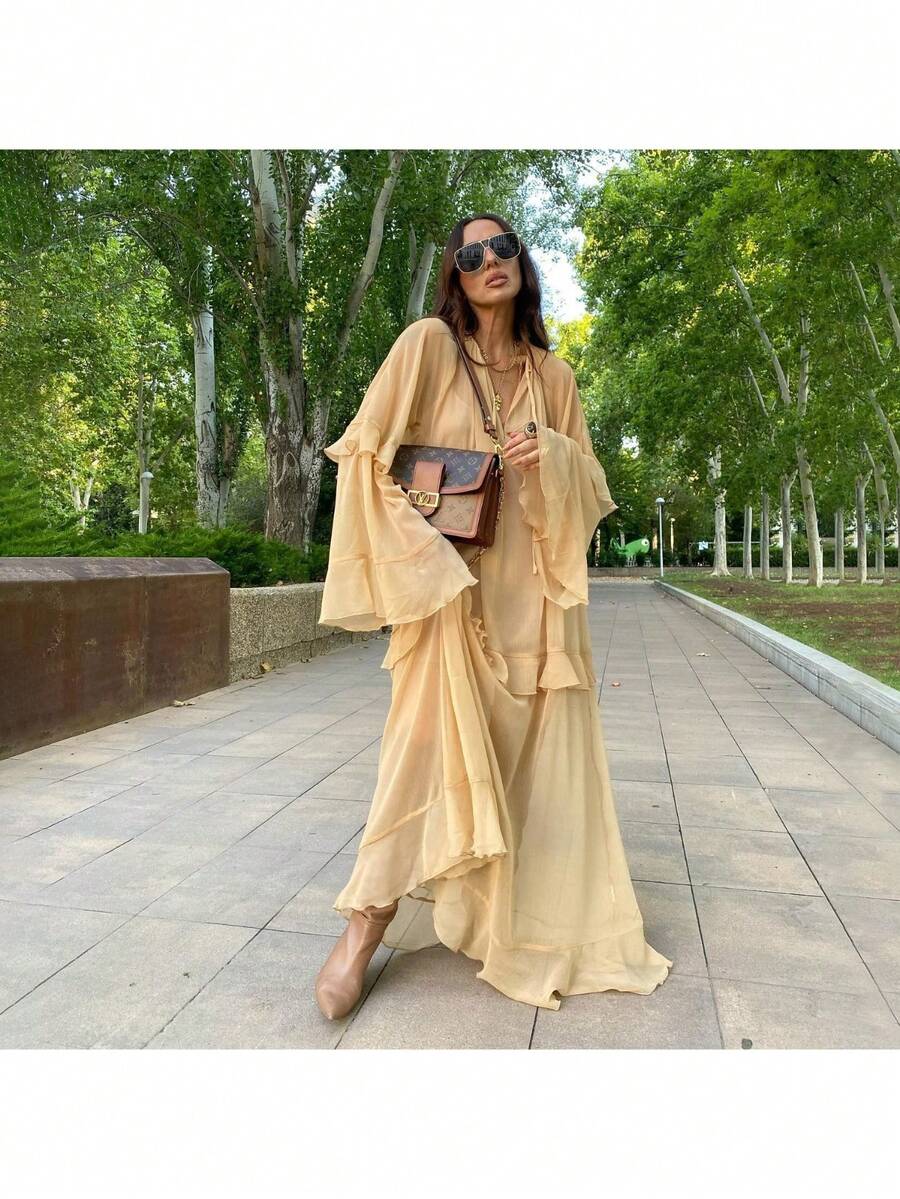 Vestido largo de playa con escote V profundo y manga acampanada, falda amplia con volantes, tejido transparente, estilo euroamericano - Amarillo - Ver 1