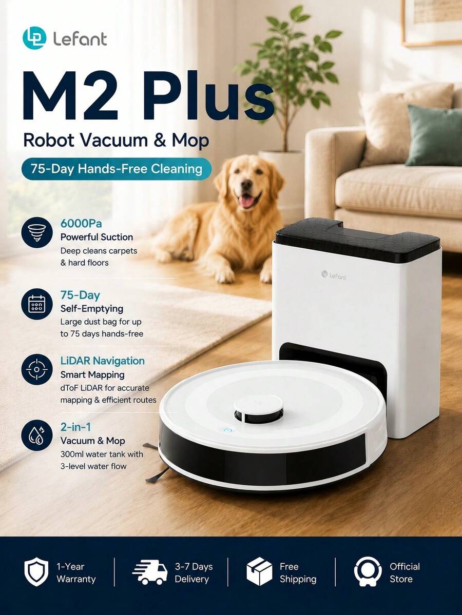 Lefant M2 Plus Robot Vacuum & Mop With Self-Emptying Station, 6000Pa Suction, LiDAR Navigation, 75-Day Hands-Free Cleaning, APP/Alexa Control