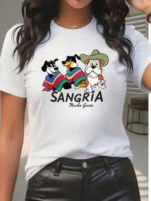 Camiseta Casual de Mujer con Diseño de Perro de Dibujos Animados, Estampado Sangria Mucha Gusto, Ropa de Verano para Regalos a Amigos y Familiares, 220g, Blusa Casual Mujer - Blanco - Ver 5
