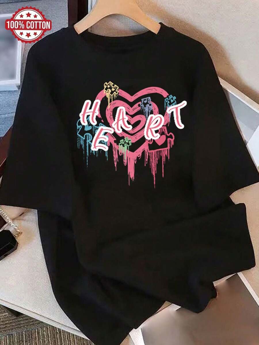Camiseta de Mujer: Camiseta de Verano Moderna de Algodón Puro, Cuello Redondo Holgado, Ropa Versátil para Mujer, Camiseta Casual Cómoda para Adolescentes, Tops de Manga Corta Vibrantes y Juveniles para Uso Diario. - Negro - Ver 1