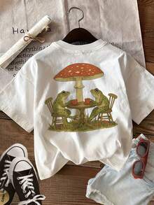 Playeras de mujer: Top casual de verano para mujer con estampado de doble cara de estilo vintage con ranas y setas, camiseta de manga corta con cuello redondo. - Blanco - Ver 2