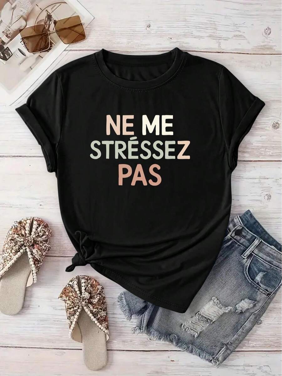 Camiseta con estampado de frases en francés y diseño creativo de letras, informal para mujer, ideal para vacaciones, de manga corta, cuello redondo, primavera/verano, lavable a máquina, ropa de mujer nueva, versátil para uso urbano y deportivo. - Negro - Ver 1