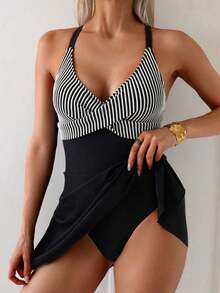 2026 Swim Lushoire Falda deportiva de playa a rayas en blanco y negro, informal, de vacaciones y para fiestas, para mujer - Blanco y Negro - Ver 7