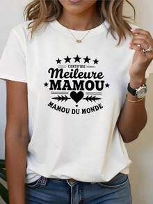 ComfortableCamiseta con estampado de letras de texto en francés, manga corta y cuello redondo, top casual para verano y primavera, ropa de mujerFashion All-match Women's Short Sleeve T-shirt - Blanco - Ver 6