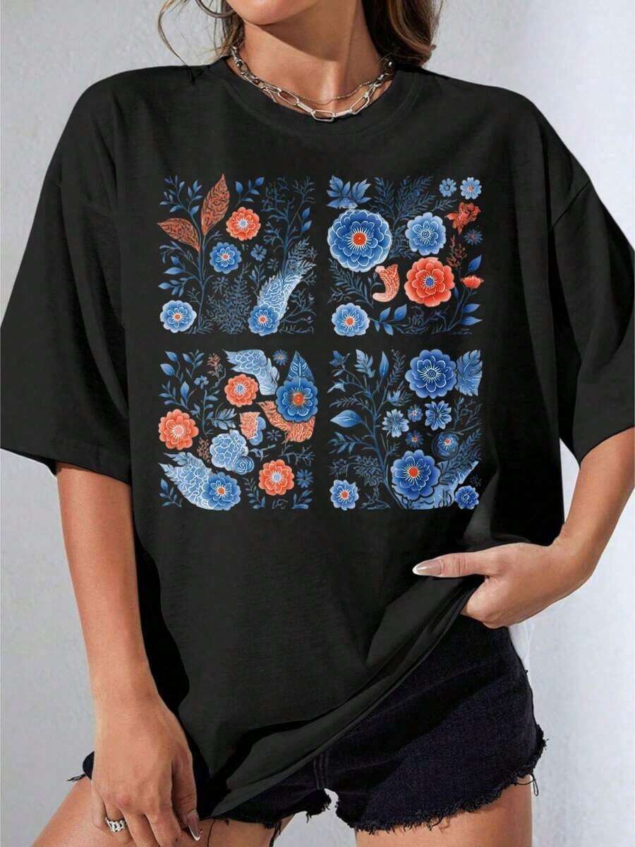 Camiseta Negra y Blanca para Niña, Camiseta Oversize con Estampado Floral Blanco, Estilo Boho, Ropa Casual de Verano, para Fiestas al Aire Libre, Camiseta Estampada Casual - Negro - Ver 1