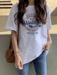 Women's Clothing. Short-Sleeved T-Shirt With A Round Neck And Print, Casual And Loose-Fitting Style For Women, Versatile Japanese Style For Spring/Summer, White. Suitable As A Gift. Women's T-Shirt. Blouses > Elegant. Boho Chic. Women's Shirts - 白色 - 查看 3