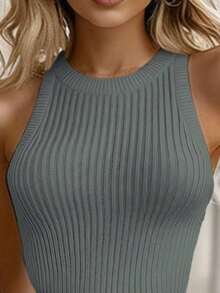 Women's Fitted Sleeveless Sweater Dress With Ruffled Hem - Gray - View 4