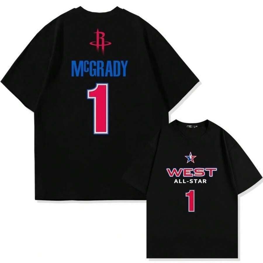 Camiseta De Manga Corta De Moda Para Hombre De La Estrella Del Baloncesto Tracy McGrady No. 1, Top De Verano De Marca De Moda Con Hombros CaíDos Y Manga Corta. - Negro - Ver 1
