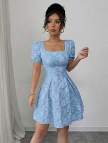 Vestido de mujer elegante de cuello cuadrado con mangas abullonadas y estampado jacquard de unicolor - Azul - Ver 5