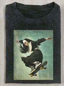 230g, lavado al agua, camiseta de mujer con estampado de perlas estilo skateboard, camiseta de marca de moda retro de algodón estampado con cera de alta calidad, camiseta de hombre, esencial para la playa, camiseta de verano para hombre, regalo de vacaciones, regalo perfecto. - Negro - Ver 6