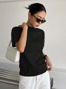 Blusa de punto acanalado con cuello alto, ropa de otoño, ropa de vuelta al colegio - Negro - Ver 4