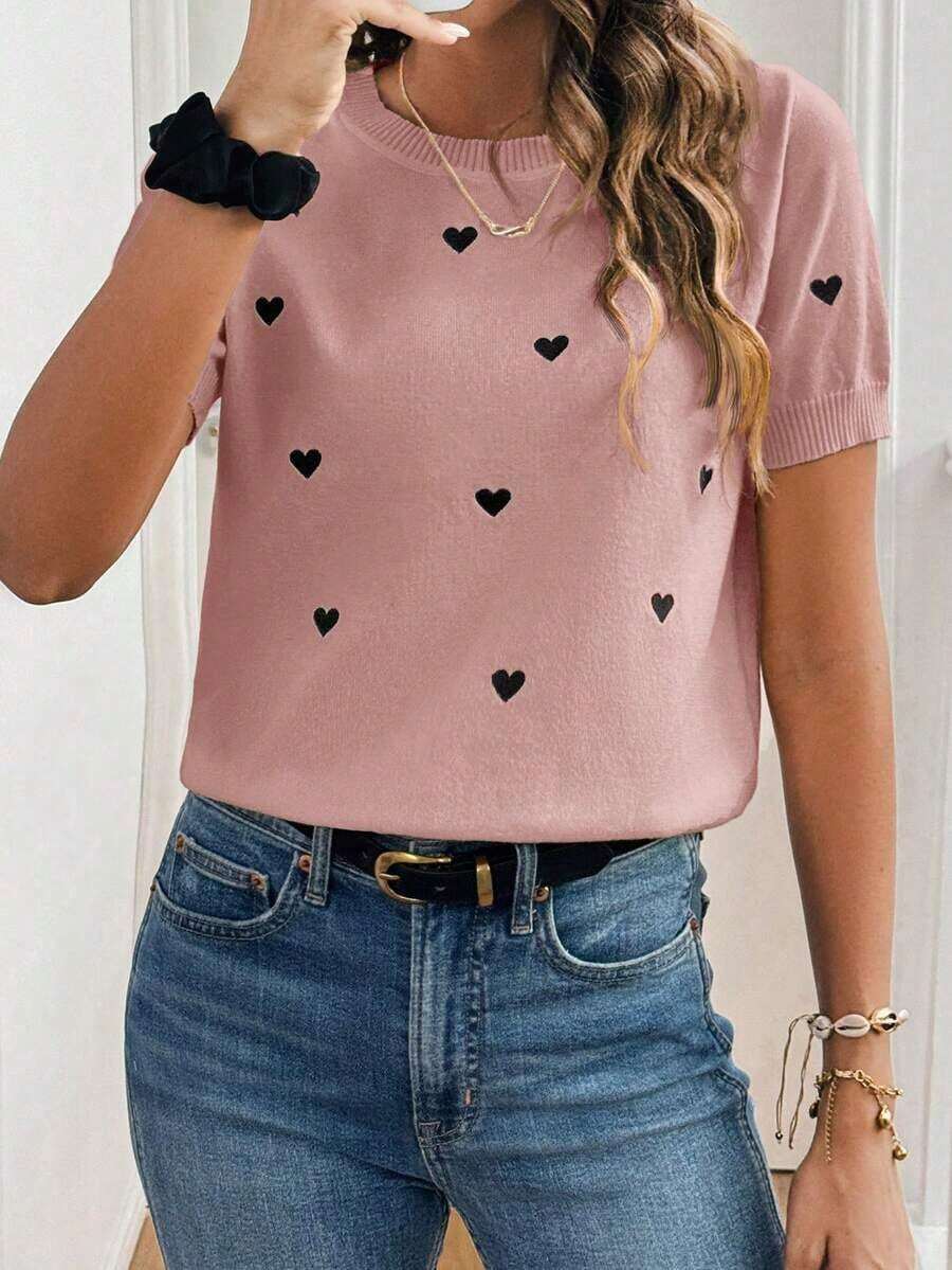 Jersey de cuello redondo de manga corta con diseño de corazón de punto para mujer, minimalista y de moda - Rosa - Ver 1