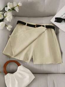 Pantalones con falda asimétrica de moda casual para ir al trabajo, pantalones cortos multifuncionales para mujer, pantalones con falda a juego sin cinturón - Caqui - Ver 3