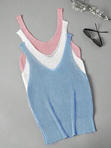 Set de 3 partes superiores de punto con cuello en V informal de resort para mujer - Azul - Ver 2