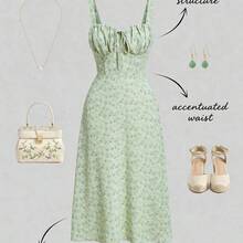 guang zhou mi qian shang mao  MOD Vestido con tirantes de espagueti fruncido con estampado floral colorido y lazo - Estilo soñador y romántico, vestido de verano y primavera para mujer para citas, fiestas, vacaciones de primavera, vacaciones, picnics, festivales, cumpleaños - Verde pastel - Ver 3