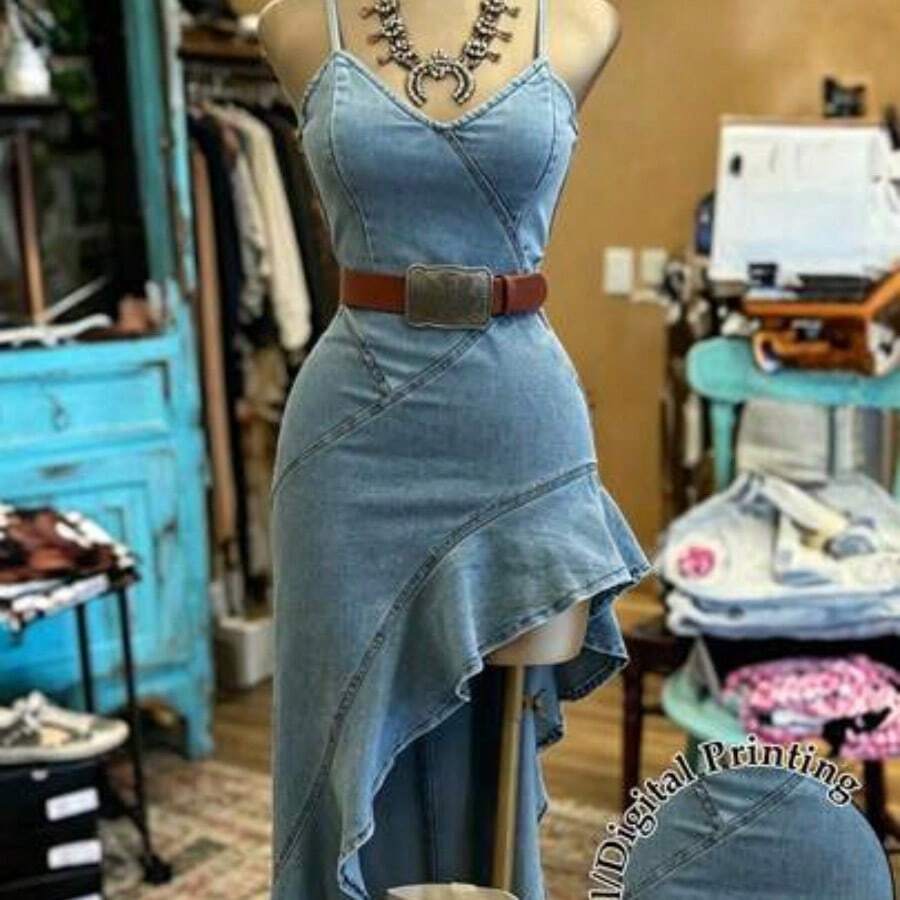 Nana's Women's Clothing Store NostaNoir Vestido de mezclilla con escote en V asimétrico y tirantes finos para mujer - Azul - Ver 1